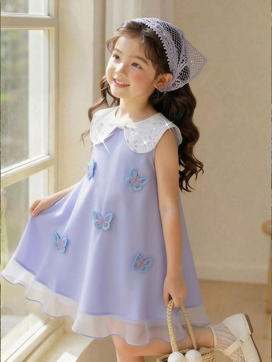 SHEIN 女童紫色无袖3D蝴蝶连衣裙,亮片彼得潘领,休闲舒适百搭,适合派对,优雅公主裙 - 紫色 - 查看 1