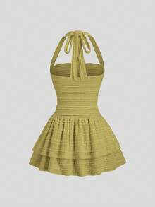 Sweetra New Casual Solid Color Textured Tie-Up Camisole High Waist Flared Skirt, Suitable For Spring/Summer Everyday Wear - Green - View 2