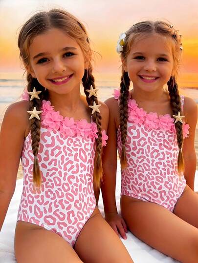 SHEIN Young Girls' Leopard Print Floral Decor One-Piece Swimsuit, Vacation & Beach