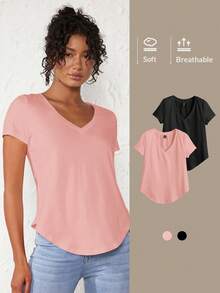SHEIN BASICS 1件纯色V领弧形下摆T恤 - 粉色 - 查看 8