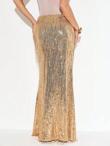 Femmeiva Chân váy đuôi cá đính sequin và tua rua màu bạc, thích hợp cho váy dạ hội mùa xuân/hè, váy phù dâu, váy dự tiệc trang trọng. - Vàng - Xem 3