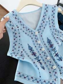 EMERY ROSE Women's Casual Retro Printed Front Button Tank Top, Summer - Multicolor - View 3