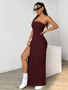 SHEIN EZwear 女士中紫色开衩无袖连衣裙，夏季连衣裙，春季服装 - 中紫紅色 - 查看 5