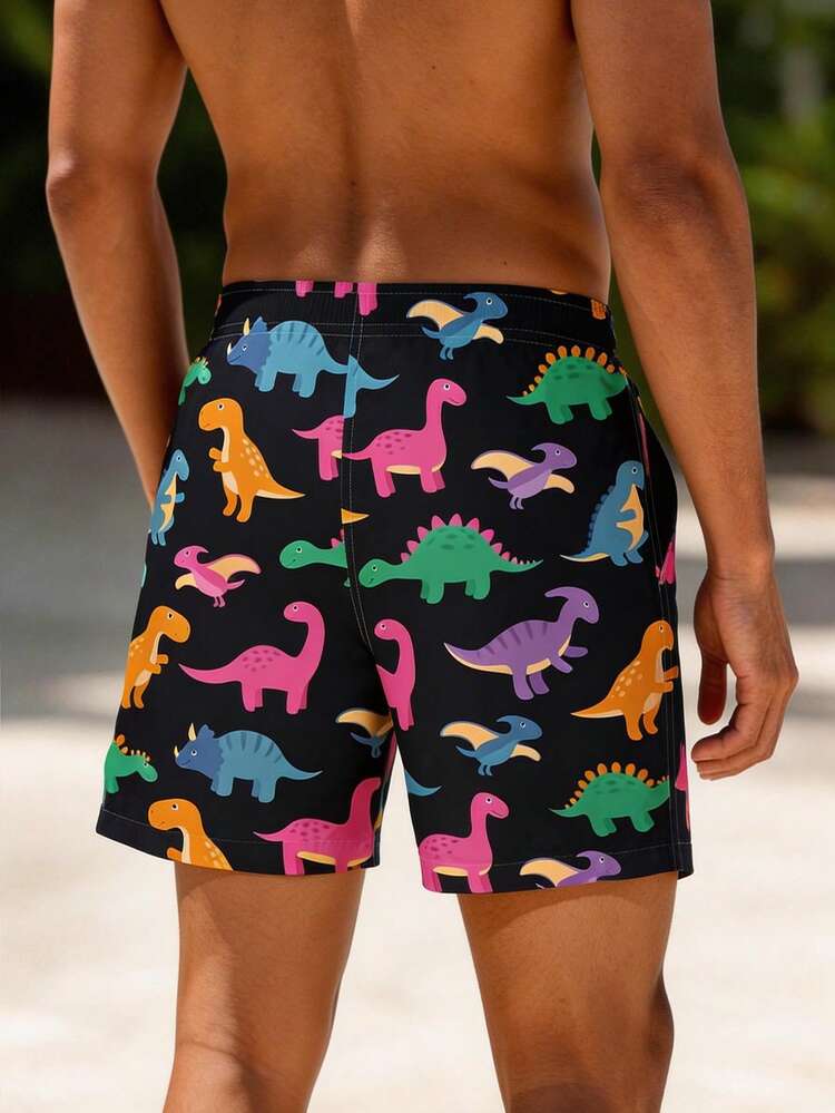 Men Dinosaur Print Drawstring Waist Swim Trunks,Hawaiian