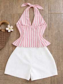 Franclia Women's Striped Halter Tie Top And Shorts Casual 2 Pieces Set - Multicolor - View 2