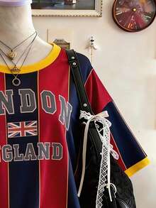 Lalippa Camiseta casual de mujer de cuello redondo y hombros caídos, de largo medio y estampado digital de la bandera británica, regalo para amigos - Multicolor - Ver 3