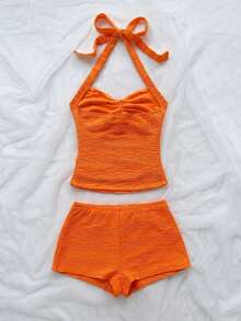 Conjunto de 2 piezas de top halter sin espalda y shorts, conjunto de ropa para vacaciones - Naranja - Ver 2