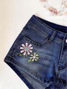 Elamini Women's Casual Everyday Denim Shorts With Pockets And Floral Embroidery Design - Medium Wash - View 4