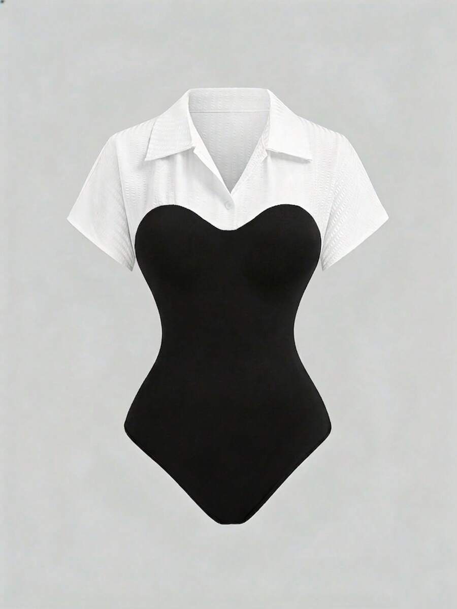 Olithes 女士优雅通勤休闲法式黑白两色短袖连体衣 - 黑與白 - 查看 1