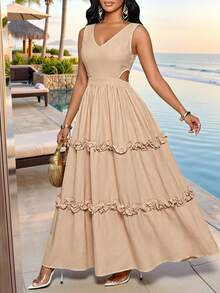SHEIN Lady Vestido sin mangas con cuello en V y volantes en el bajo de unicolor para mujer - Caqui - Ver 1