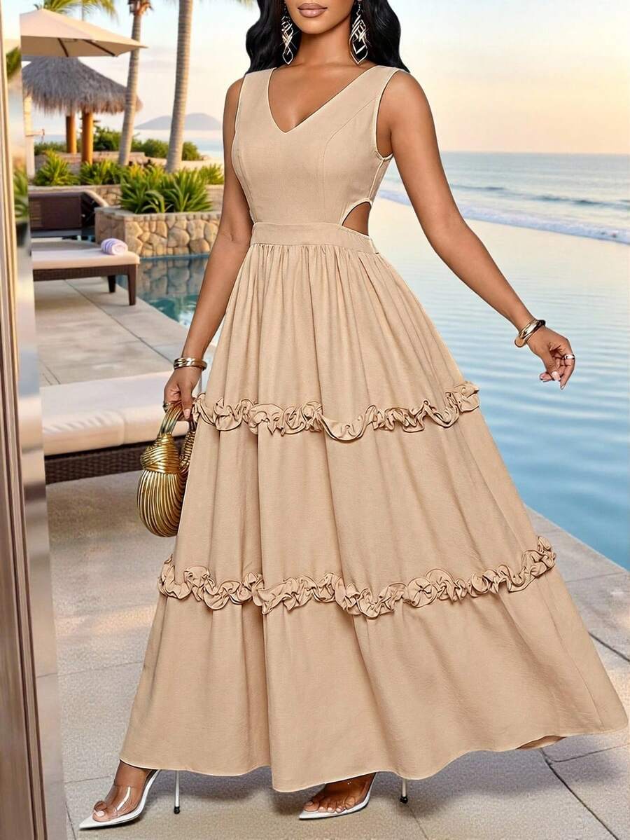 SHEIN Lady Vestido sin mangas con cuello en V y volantes en el bajo de unicolor para mujer - Caqui - Ver 1