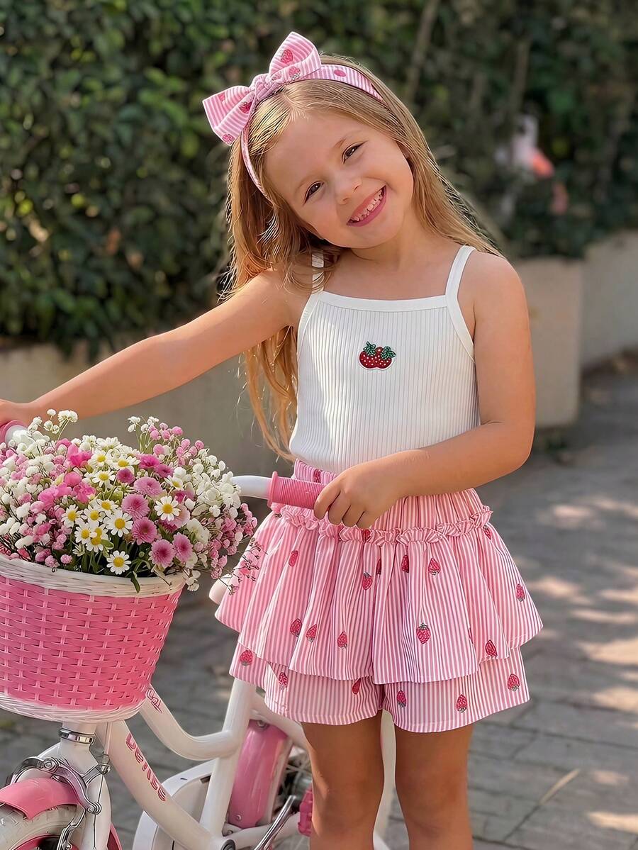 SHEIN 女童草莓印花吊带背心和短裤套装 - 粉色 - 查看 1