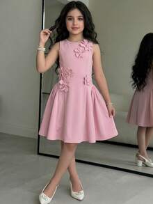SHEIN Serisse Kids 少女優雅淡粉色夏季3D花朵裝飾無袖圓領A字裙，適合婚禮、茶會、雞尾酒會的開花洋裝 - 粉色 - 查看 10