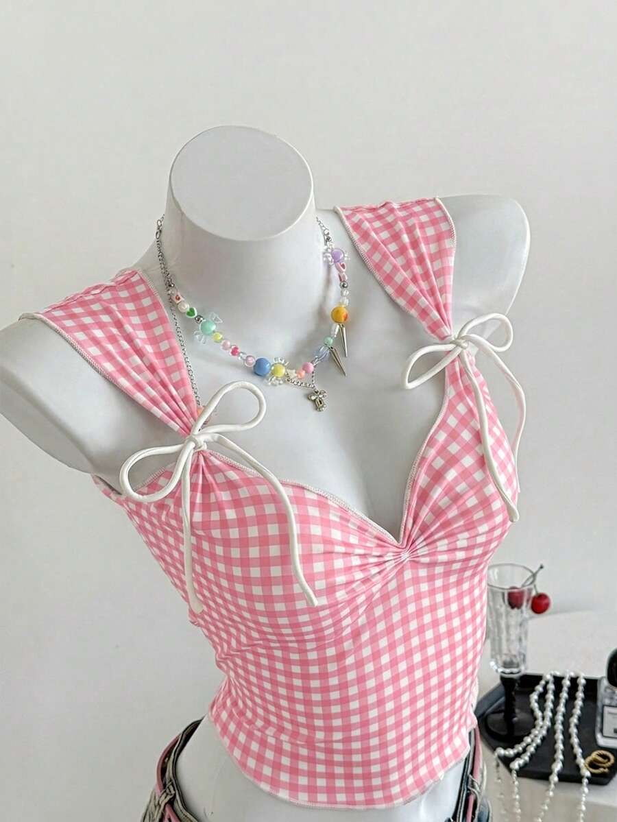 SHEIN EZwear Women's Plaid Ruched Casual Versatile Daily Wear Top - Pink - View 1