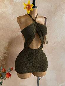 Soleia Women's Solid Color Halter Tie-Up Backless Sexy Vacation Knit Dress - Army Green - View 5