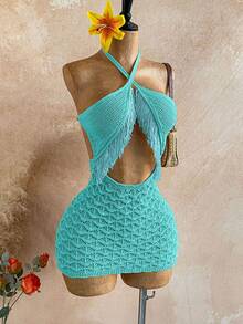 Soleia Vestido de suéter de punto ajustado con cuello halter, espalda descubierta y hueco para mujer de unicolor - Azul - Ver 5