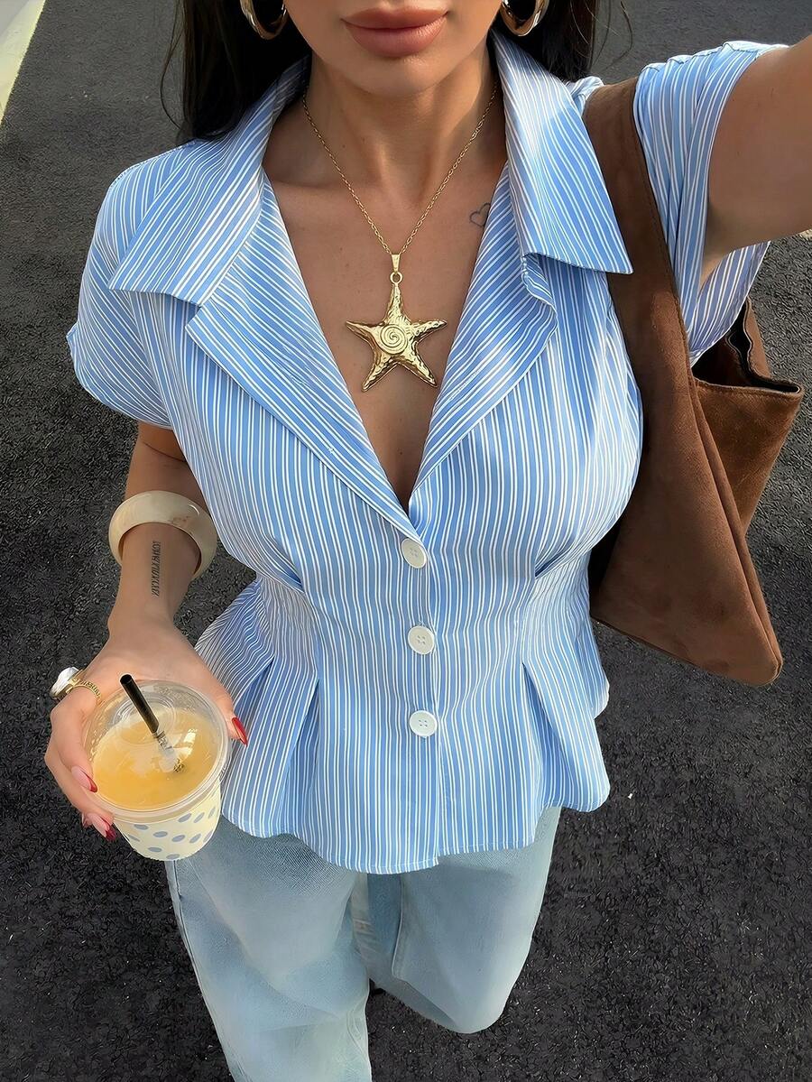 Firerie Women's Blue And White Stripe Pure Cotton Shirt,Off-The-Shoulder Fitted Waist Short-Sleeved Top,Summer Frenchy Holiday Vacation Elegant - Blue - View 1