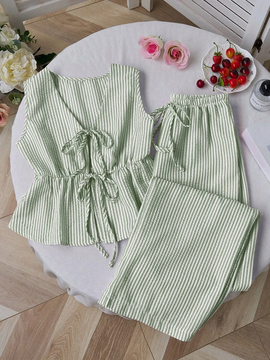 Sweetra Pantalones rectos minimalistas de verano con cordones y rayas rosas, nuevo conjunto de 2 piezas para mujer, estilo europeo y americano - Verde - Ver 1