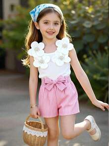 SHEIN Elladie kids 女童（小号）碎花吊带连体裤，蓝白相间，甜美舒适，配大碎花腰带，夏季休闲女童装 - 粉色 - 查看 10