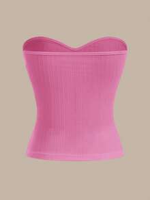 SHEIN BASICS 女士休闲纯色针织修身抹胸上衣 - 粉色 - 查看 2