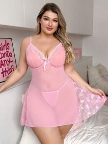 Bộ đồ lót gợi cảm cỡ lớn 2 món với lưới phối ren tương phản và gọng nâng ngực. - Hồng - Xem 5