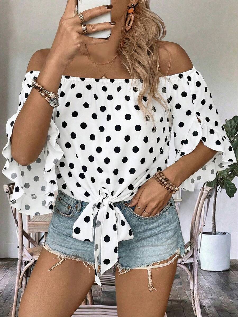 EMERY ROSE Plus Size Off-Shoulder Tie-Up Ruffle Flare Sleeve Blouse, Summer - White - View 1