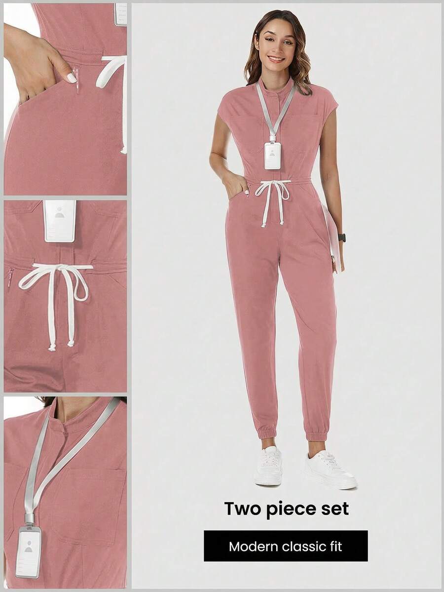 TaskEZ 纯色抽绳腰带手术服连体衣 - 粉色 - 查看 1