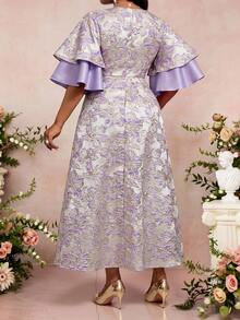 Fleurora Plus Size Women Jacquard Round Neck Ruffle Sleeve Elegant Midi Dress Beige Butterfly Summer Wedding Formal Bride Guest Ceremony - Multicolor - View 2