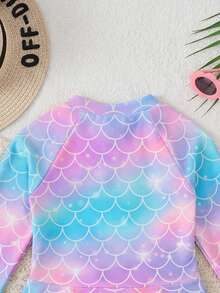 Young Girls Round Neck Raglan Sleeve Zipper Ruffle One-Piece Swimsuit - Multicolor - View 4