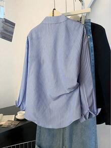 EMERY ROSE Plus Size Women Linen Striped Dopamine Vacation Blue Shirt - Multicolor - View 2