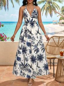 SHEIN Lady Vestido casual de vacaciones con estampado total, escote halter y espalda descubierta para mujer - Multicolor - Ver 6