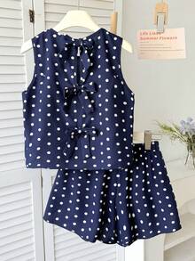 SHEIN Kids 2pcs/Set Tween Girls Casual Full Navy Blue Polka Dots Print Fabric Bow Back Camisole Top And Shorts Set Girls Navy Blue Polka Dots Shorts Set, Summer Outfits Clothes For Girls 13 14 Youth Girl Clothes - Navy Blue - View 2