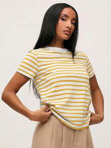 SHEIN BASICS 女款條紋休閒百搭日常短袖T恤黃色條紋上衣夏季上衣 - 黃色 - 查看 4