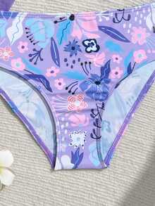 SHEIN 少女热带植物印花比基尼套装 - 紫色、粉色、白色、蓝色细肩带荷叶袖上衣，花卉印花三角泳裤，配套纱笼，带胸垫，款式保守舒适，时尚泳装，适合夏季度假、泳池、冲浪等场合。 - 紫色 - 查看 4