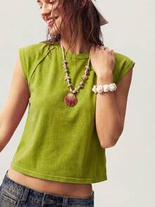 SHEIN BohoFeels Áo thun nữ cổ tròn, màu trơn, chất liệu dệt kim, dáng ôm, đã qua xử lý giặt. - màu xanh lá - Xem 7