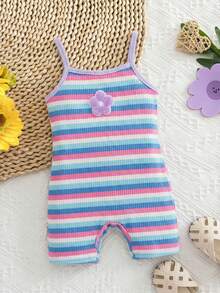 Babygirl Cute Casual Knit Striped Floral Pattern Camisole Romper - Multicolor - View 3