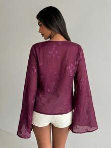 Aloruh Women's Deep V-Neck Floral Embroidery Pattern Casual Versatile Daily Wear Shirt,Summer Top - Burgundy - View 2