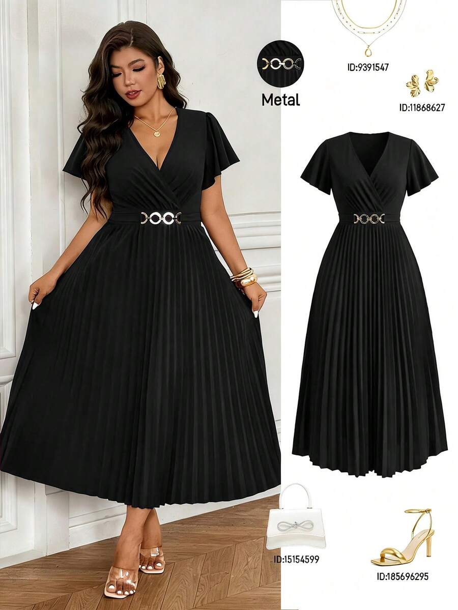 Femmeverse Vestido de unicolor con cuello en V elegante, mangas acampanadas, plisado y decoración de botones para mujer de talla grande - Negro - Ver 1