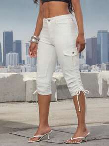 Denimoi Stretch Denim Cargo Capri Pants Capri Jeans Sexy Jeans Fashion Jeans Capri Jeans Summer - White - View 2