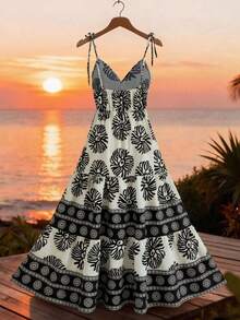 Franclia Women's Summer Clothing. Elegant, Resort-Style, Casual Printed Shoulder Straps, V-Neck, Slim-Fit, Long Dress. Perfect For Beach, Sandy Shores, Greek Towns, And Festive Occasions. - Multicolor - View 2