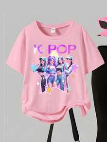 夏季可爱女童T恤套装，亮色偶像女团图案T恤，渐变紫粉色“K-POP”字样闪亮点缀，粉色T恤，黑色裤子，休闲时尚 - 黑與白 - 查看 3