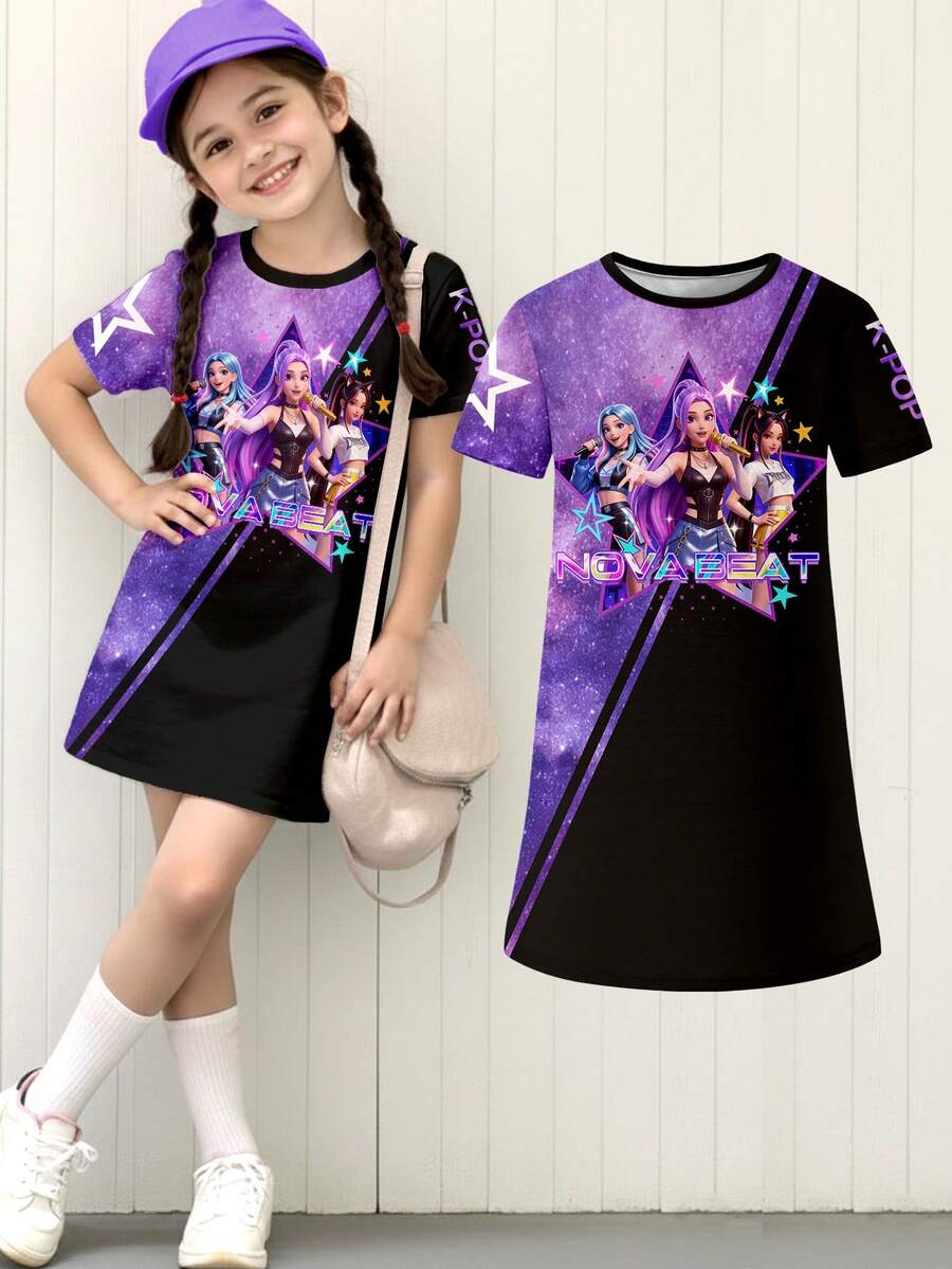 Young Girls Group Digital Print Colorblock Purple & Black Short Sleeve T-Shirt Dress, Fashionable Casual Suitable For Spring/Summer - Hot Pink - View 1