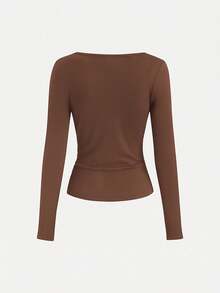 Sweetra Vintage American Design Asymmetrical Asymmetric Shoulder T-Shirt, Slim Fit Stylish Women Tee For Autumn - Brown - View 2
