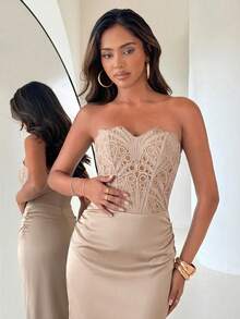 Aloruh 女士新款超长连衣裙，无肩带设计，缎面拼接，纯黑色，优雅派对礼服，正式场合礼服 - 香檳色 - 查看 7