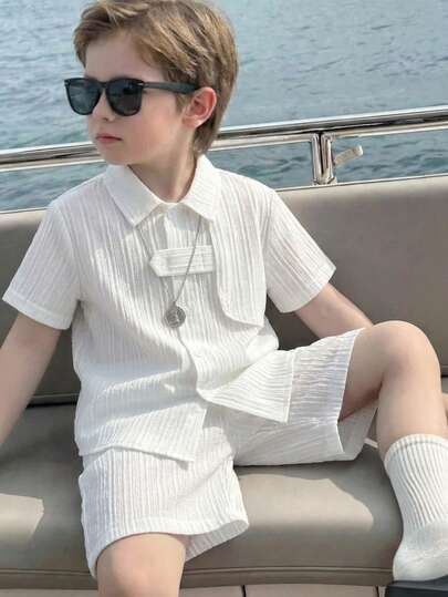 SHEIN Áo sơ mi công sở nhiều túi kiểu Hàn Quốc dành cho trẻ em/bé trai, chất liệu vải dệt màu trơn, thích hợp cho trường học, làm vườn, đi biển, sinh nhật, mùa xuân, hè, thu, đông.