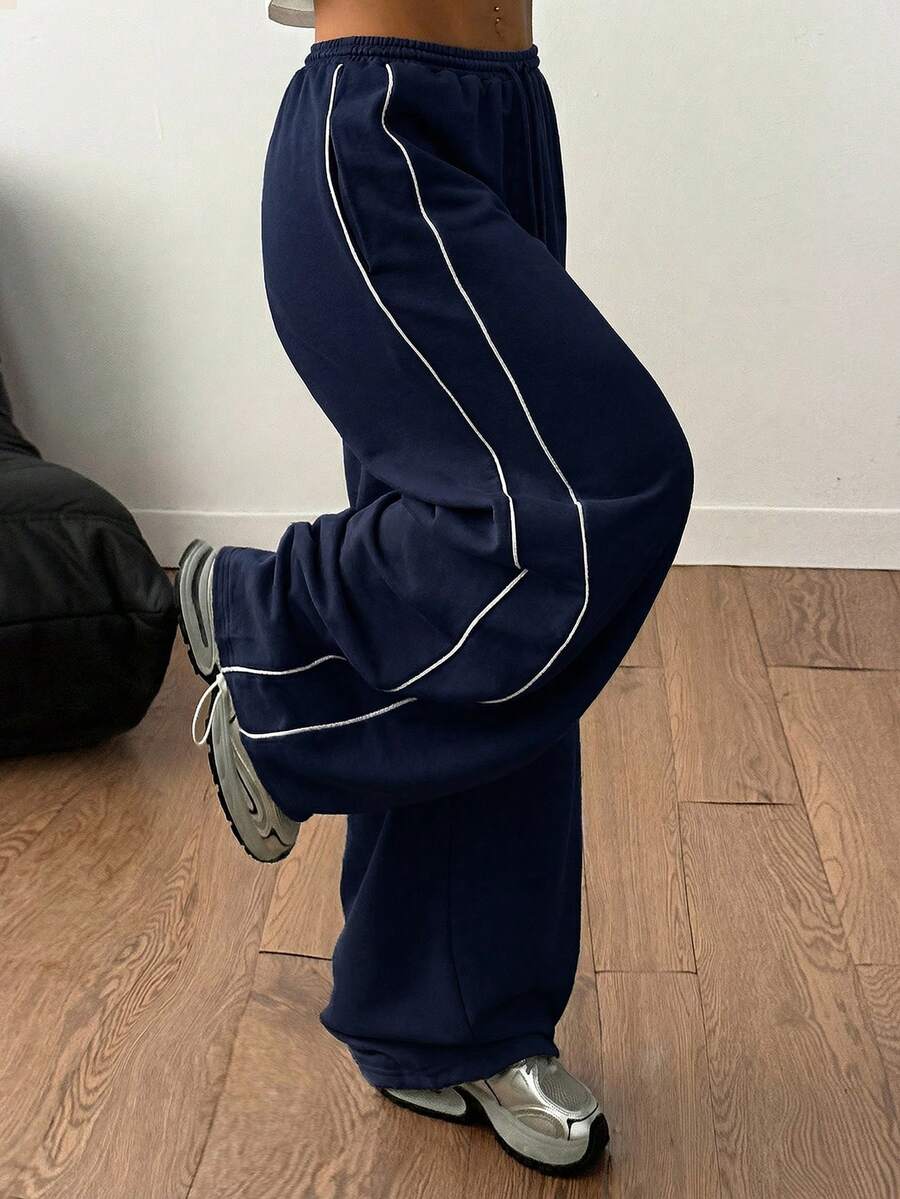 Coolane 女士加大码春夏简约基础款日常街头休闲运动风法式灰色宽松低腰阔腿运动裤 - 藏蓝色 - 查看 1