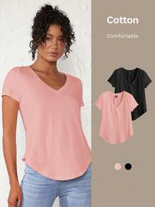 SHEIN BASICS 1件纯色V领弧形下摆T恤 - 粉色 - 查看 9