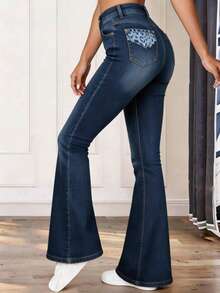 Jeans Acampanado Mujer Pantalón de Mezclilla Stretch Bordado de Leopardo Tiro Alto Skinny - Azul - Ver 3