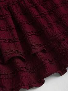 Sweetra New Casual Solid Color Textured Tie-Up Camisole High Waist Flared Skirt, Suitable For Spring/Summer Everyday Wear - Burgundy - View 4