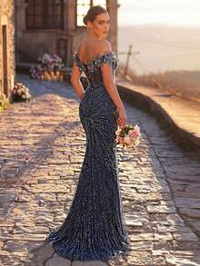 Glamrae Elegant Luxurious 3D Floral Faux Pearl Rhinestone Embroidered Mermaid Dress,Heavy Embroidery Off Shoulder Gown For Parties,Balls,Galas & Events - Blue - View 4